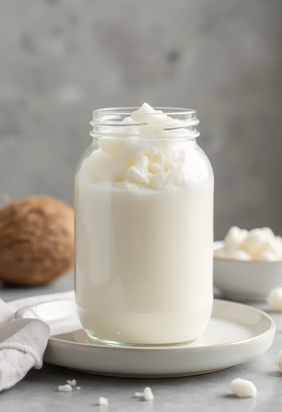 Refined coconut oil in small bowl, white coconut flakes