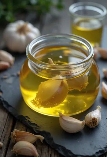 Garlic oil in bottle and bowl surrounded by garlic cloves