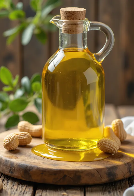 Groundnut oil in a glass bottle served with shelled peanuts