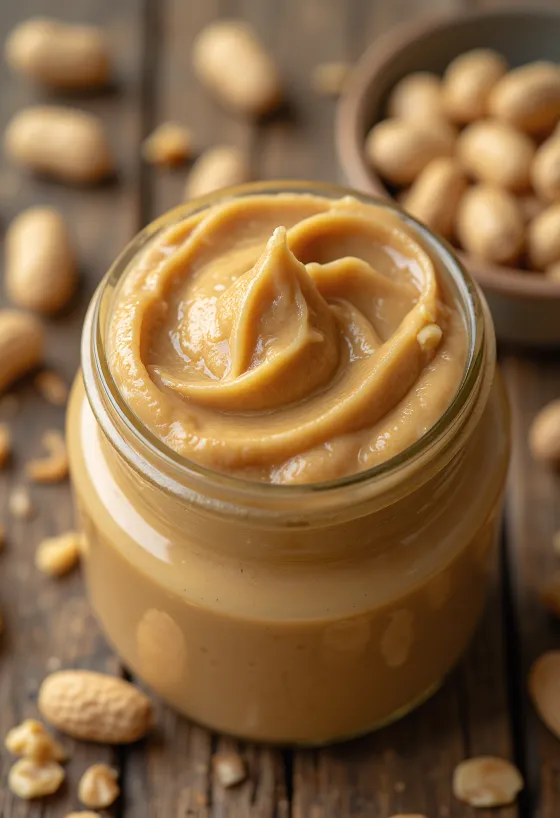 Creamy peanut butter in a jar with a spoon and scattered peanuts