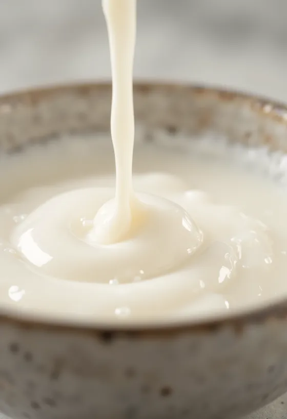 Cooking cream in a glass jug next to a bowl of creamy sauce