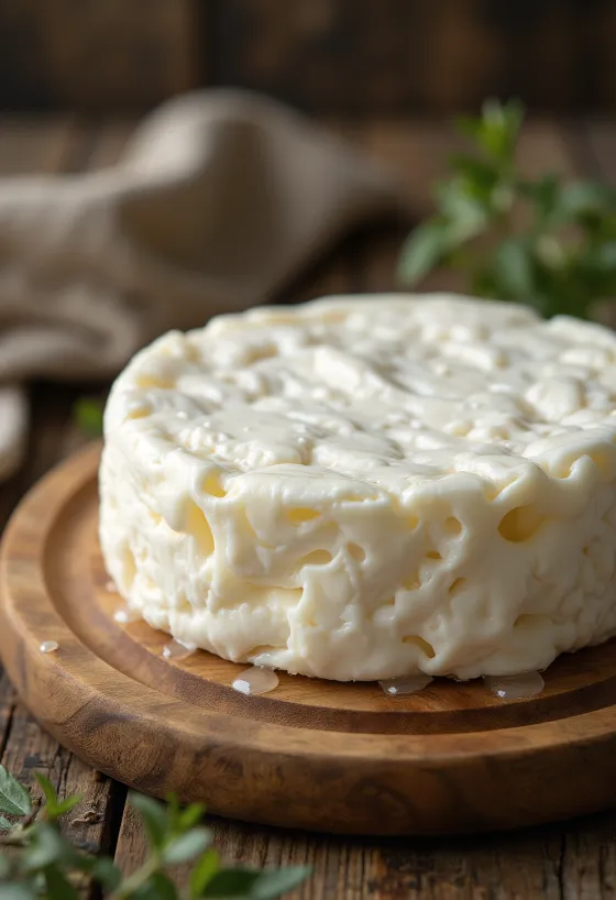 Fresh Gomolya cheese in a white ceramic bowl on a wooden table