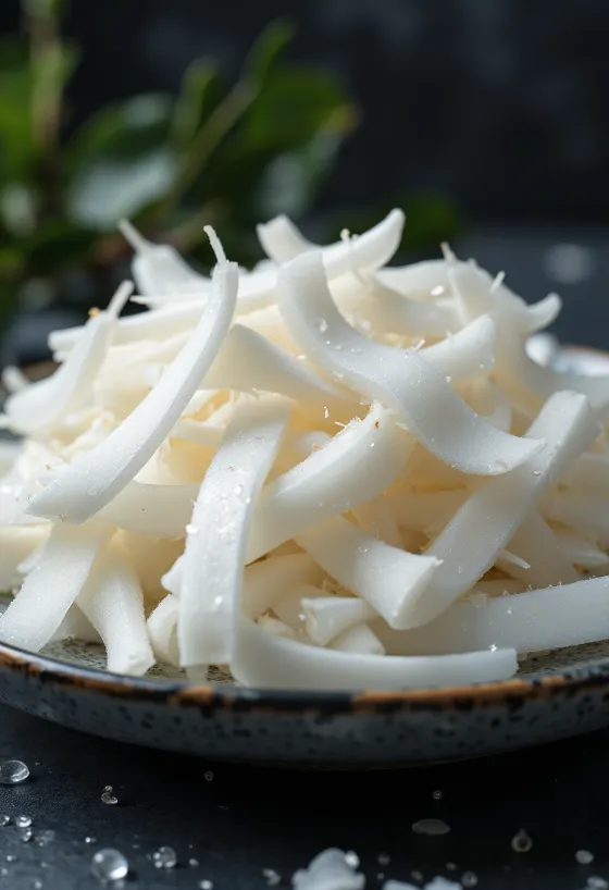 Fresh coconut shavings, natural slices on white background
