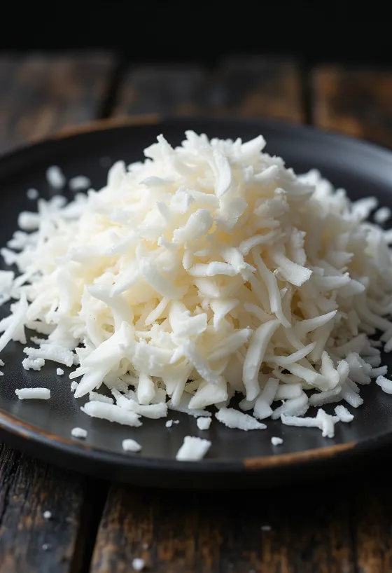 Fresh, moist grated coconut in a natural pile on light background