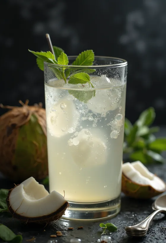 Fresh coconut water in clear glass, broken shell piece, white background
