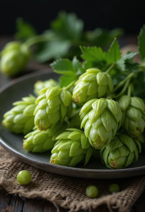 Fresh hop cones on wooden surface, some opened to show lupulin