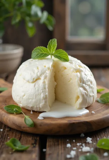Fresh cow's milk mozzarella in a white ceramic bowl on a wooden table