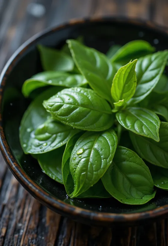 Fresh tea leaves scattered on a light surface, vibrant green colour