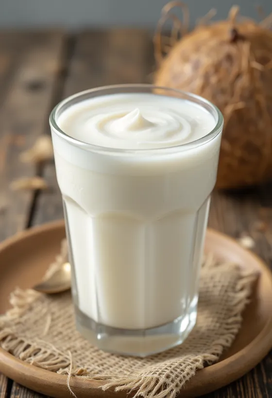 Freshly pressed coconut milk in a small glass bowl, light background