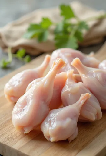 Fresh quail pieces with spices on a wooden chopping board, with rosemary and thyme