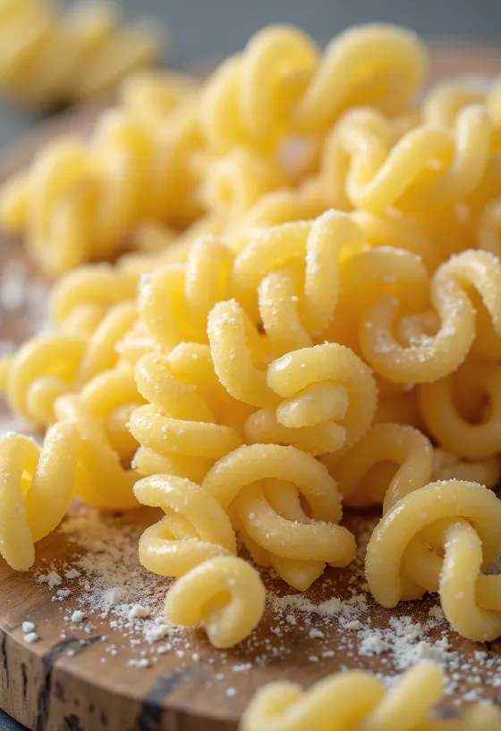 Dried fusilli pasta spirals on a wooden surface