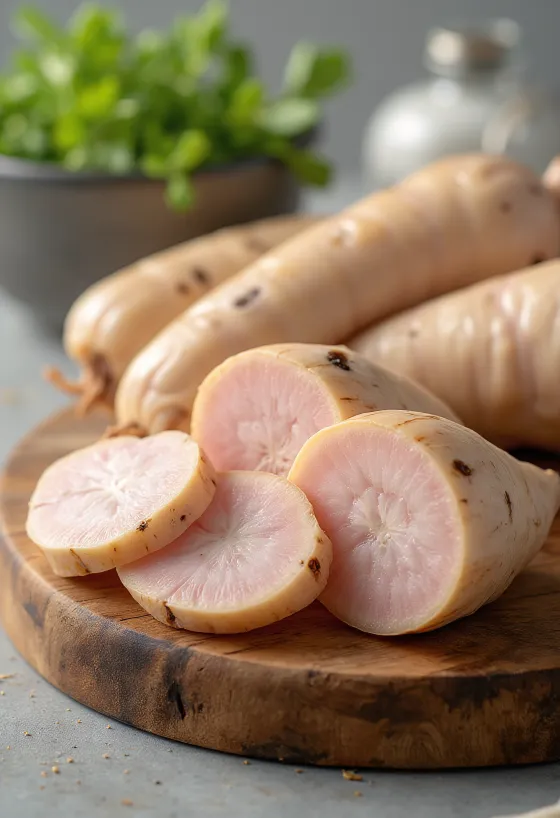 Fresh galangal root sliced and julienned in a bowl