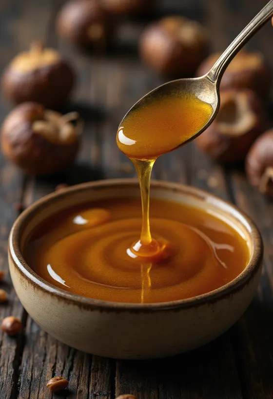 Dark chestnut honey in a jar with dipper and flowers