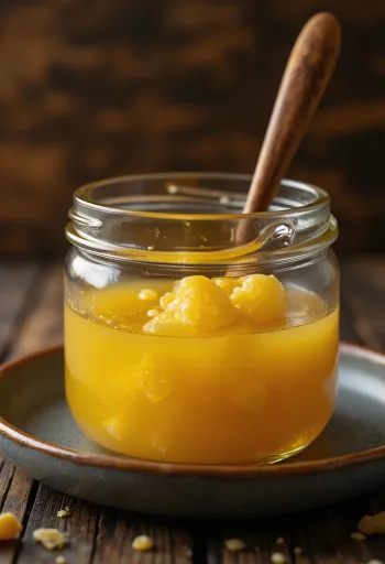 Golden Ghee clarified butter in a glass bowl