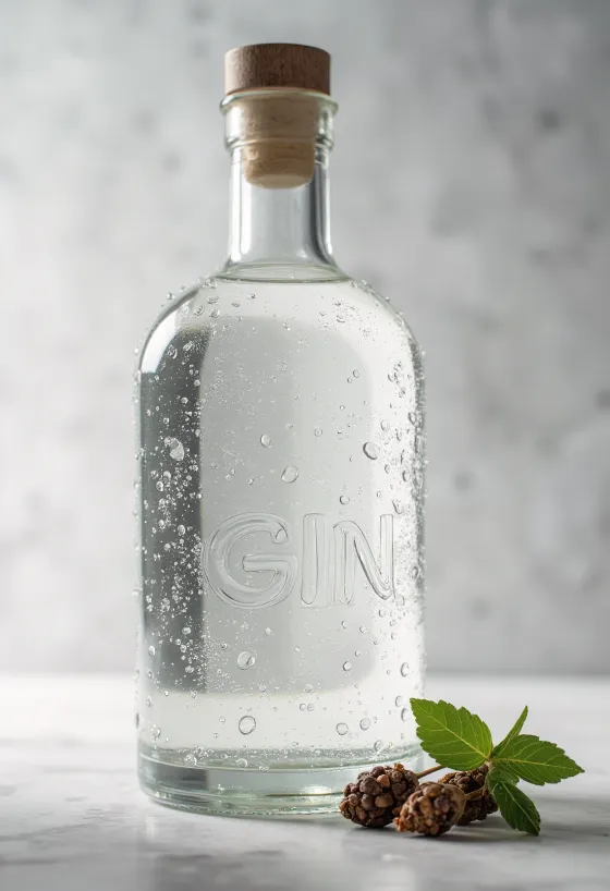 Gin bottle and glass with ice, surrounded by juniper berries and spices