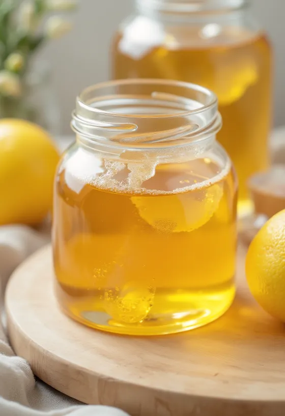 Glucose syrup in a small glass jar with a spoon dripping syrup