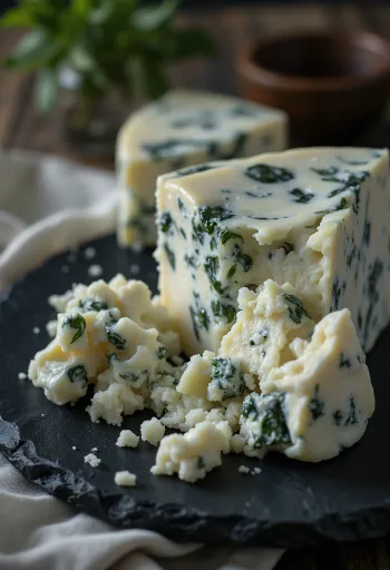Wedge of fresh Gorgonzola cheese in a ceramic bowl