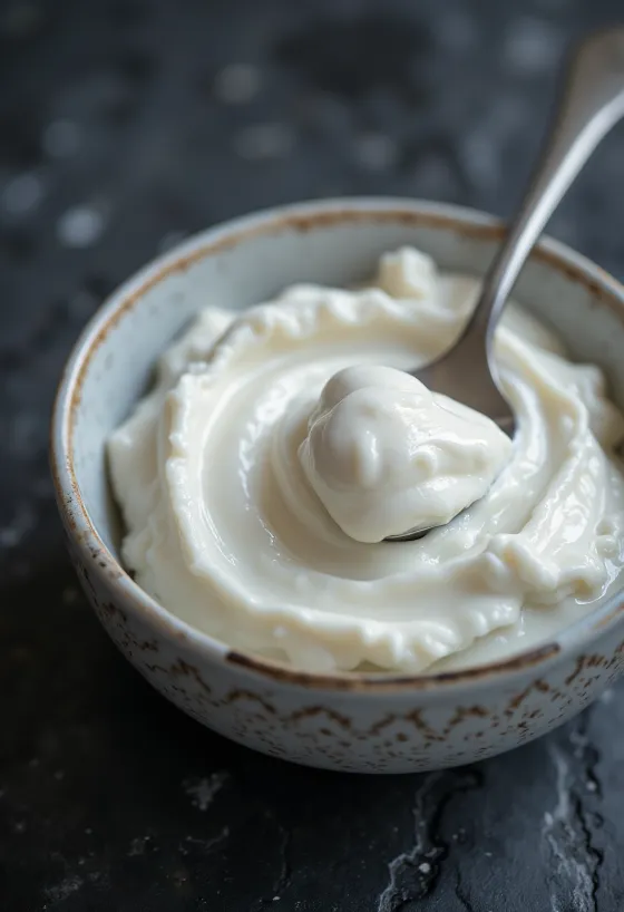 Thick Greek yoghurt in a ceramic bowl with a spoon