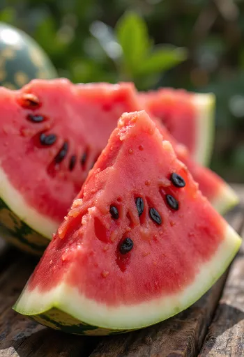 Fresh, sliced watermelon with red flesh and black seeds on a wooden table