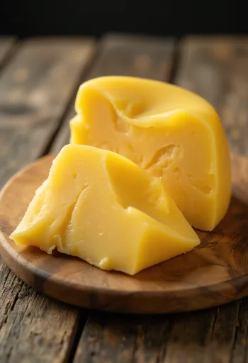 Wedge of fresh Gouda cheese in a ceramic dish