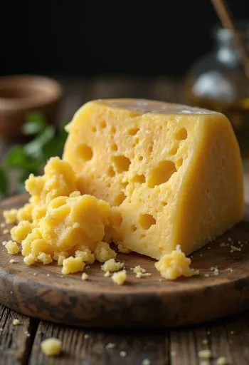 Wedge of fresh Grana Padano cheese in a white ceramic dish