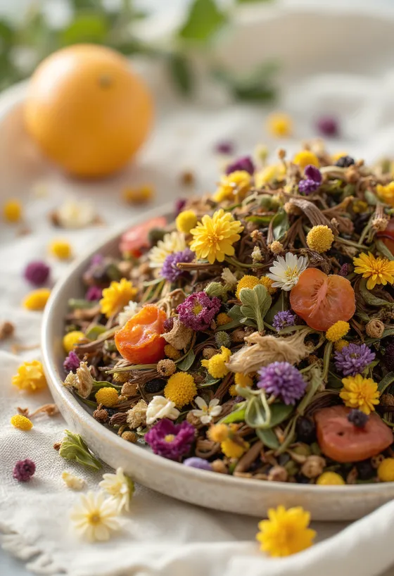 Loose leaf herbal tea blend in a bowl with a wooden spoon