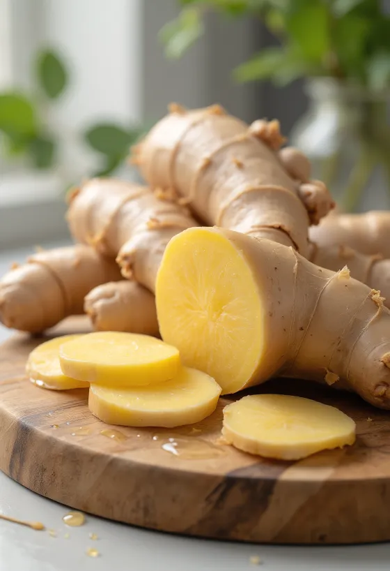 Fresh ginger root slices and grated ginger in a bowl on a wooden surface