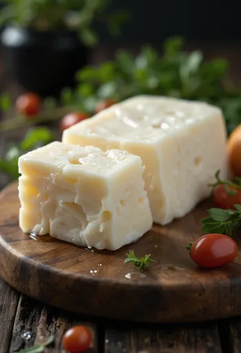 Fresh Halloumi cheese slices in a white ceramic bowl on a wooden table