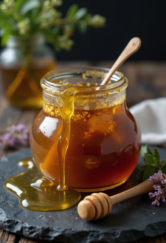 Raw heather honey in a jar with dipper and heather flowers