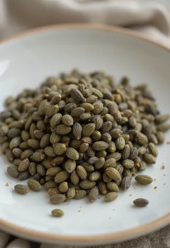 Whole hemp seeds close up, scattered on light surface