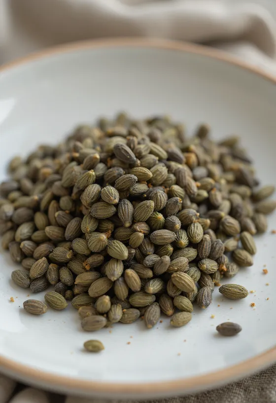 Whole hemp seeds close up, scattered on light surface