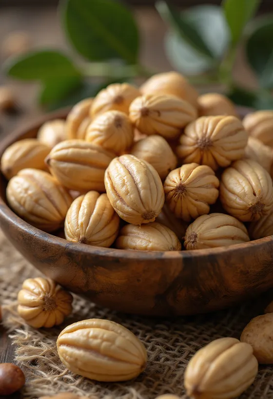 Shelled Brazil nut kernels in a pile, on a light background with brown skin remnants