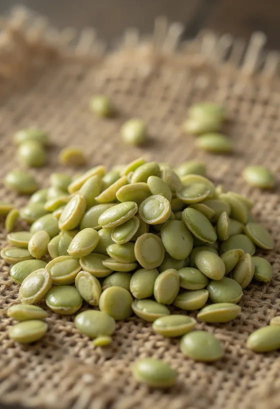 Shelled hemp seeds close up, scattered on a light surface