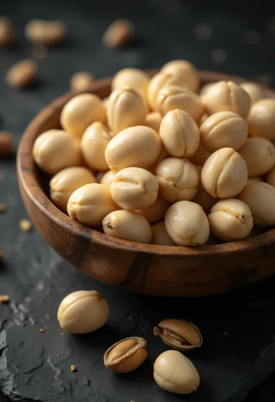 Shelled macadamia nuts natural pile white background