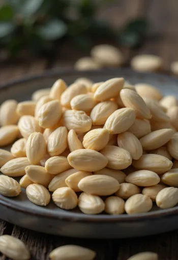 Pile of natural blanched almonds on a white background