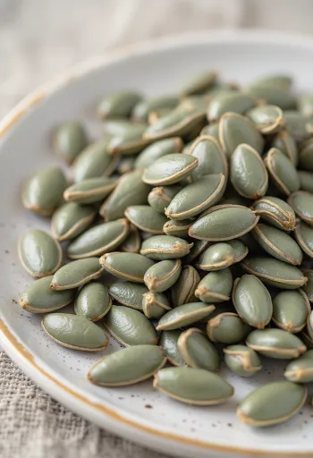Shelled sunflower seeds scattered on a wooden surface