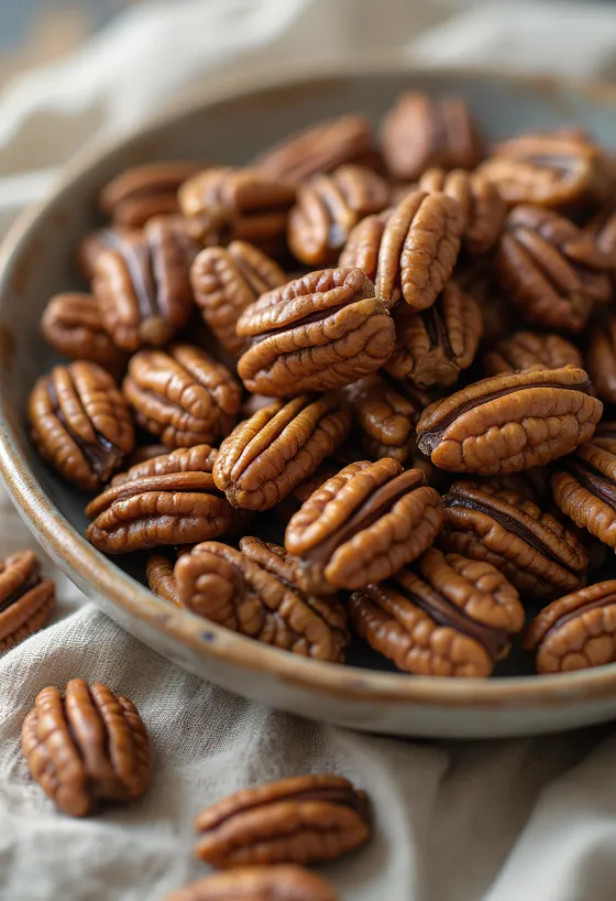 Shelled pecan nuts in natural form, brown hues on white background