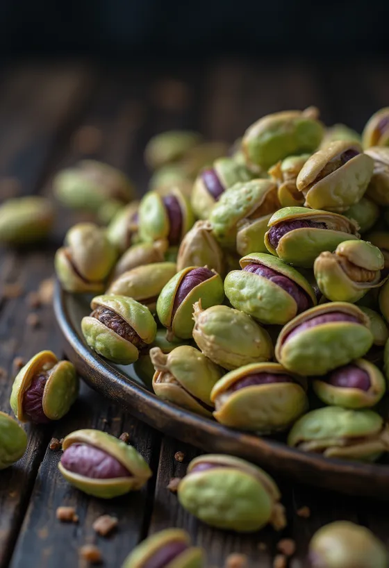 Shelled pistachio kernels in a pile, green hues, white background