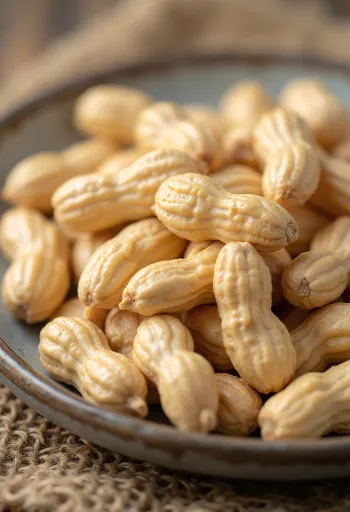 Pile of blanched raw peanuts on a light surface
