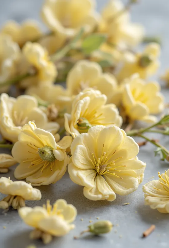 Dried linden blossoms in a bowl with a wooden spoon