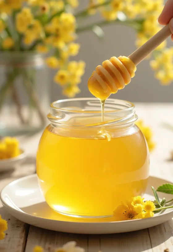 Linden honey in a jar with dipper and lime blossoms