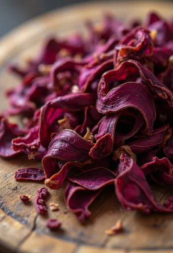 Dried hibiscus petals in a bowl with a wooden spoon