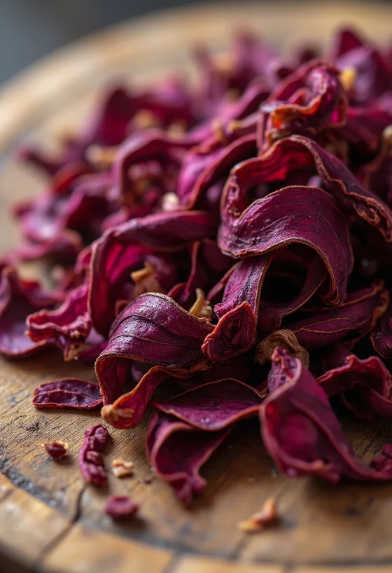 Dried hibiscus petals in a bowl with a wooden spoon