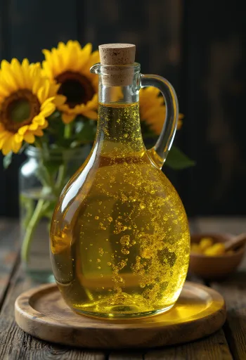 Cold pressed sunflower oil in a small glass bowl with sunflower seeds and petal