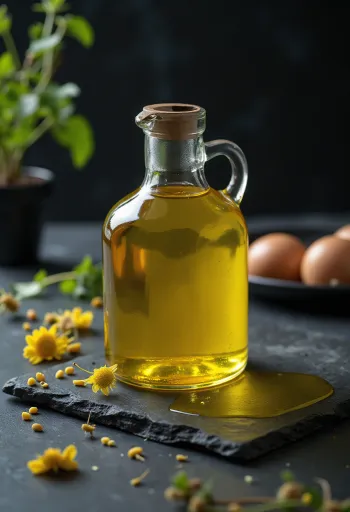 Cold-pressed rapeseed oil in a glass bowl with rapeseeds and a yellow flower petal