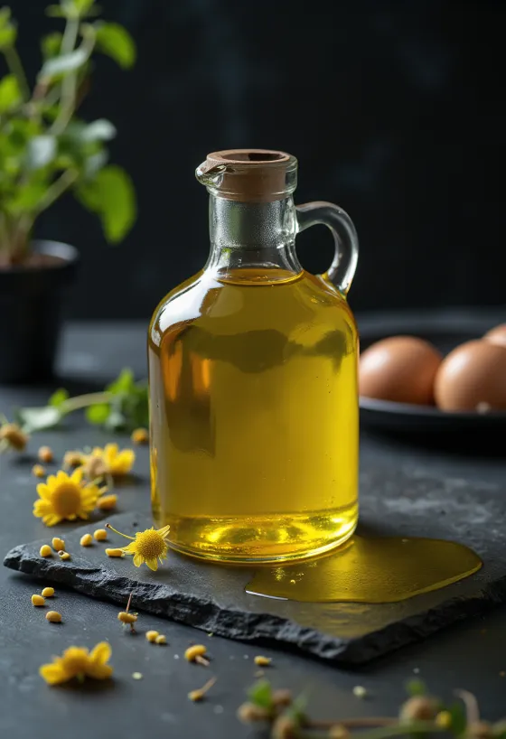 Cold-pressed rapeseed oil in a glass bowl with rapeseeds and a yellow flower petal