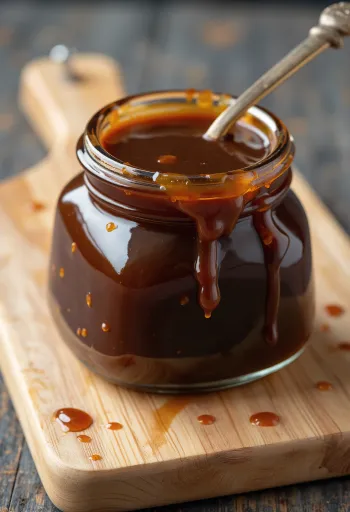Dark hoisin sauce in a bowl surrounded by soy beans, garlic, five spice, and sesame oil
