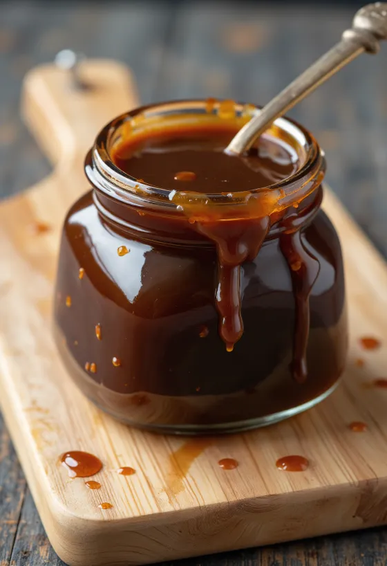 Dark hoisin sauce in a bowl surrounded by soy beans, garlic, five spice, and sesame oil