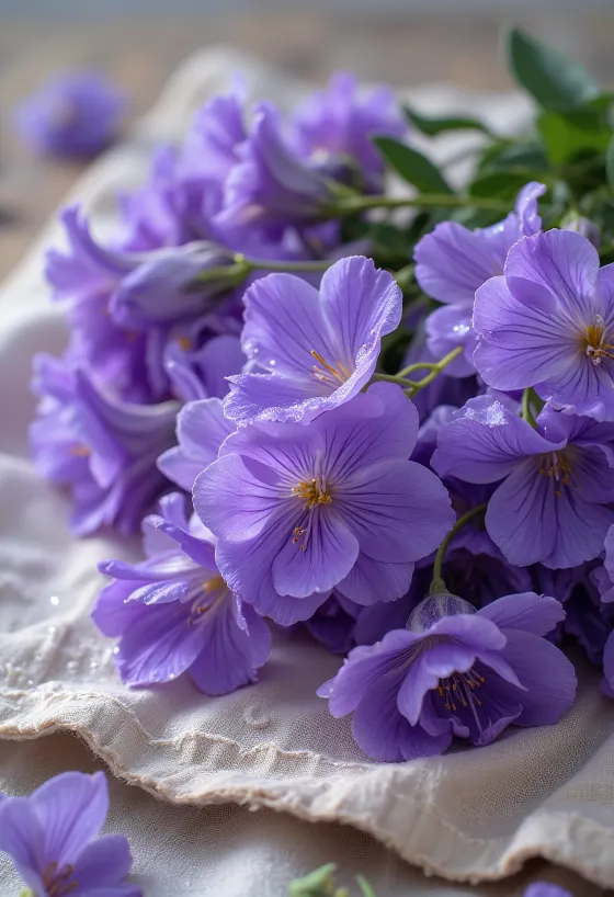 Cleaned and prepared Sweet Violet flowers for kitchen use on a chopping board