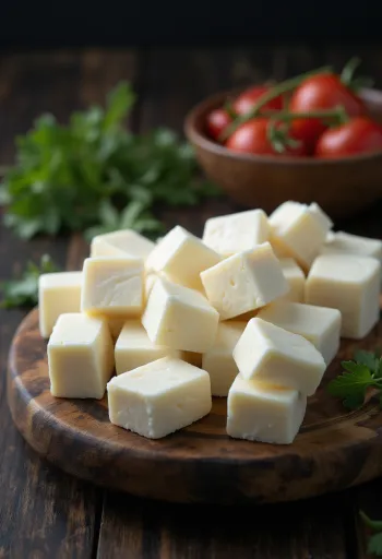 Fresh block of Indian Paneer cheese in a ceramic bowl